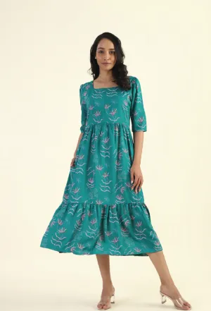 Green Harmony Teal Printed Maternity and feeding dress Elegant Detail Premium Quality