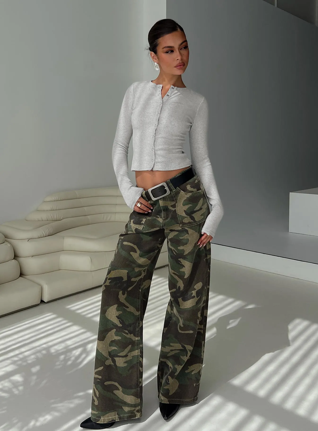 Smart Design Parent Style Trendy Breathable Briony Mid Rise Wide Leg Jeans Camouflage