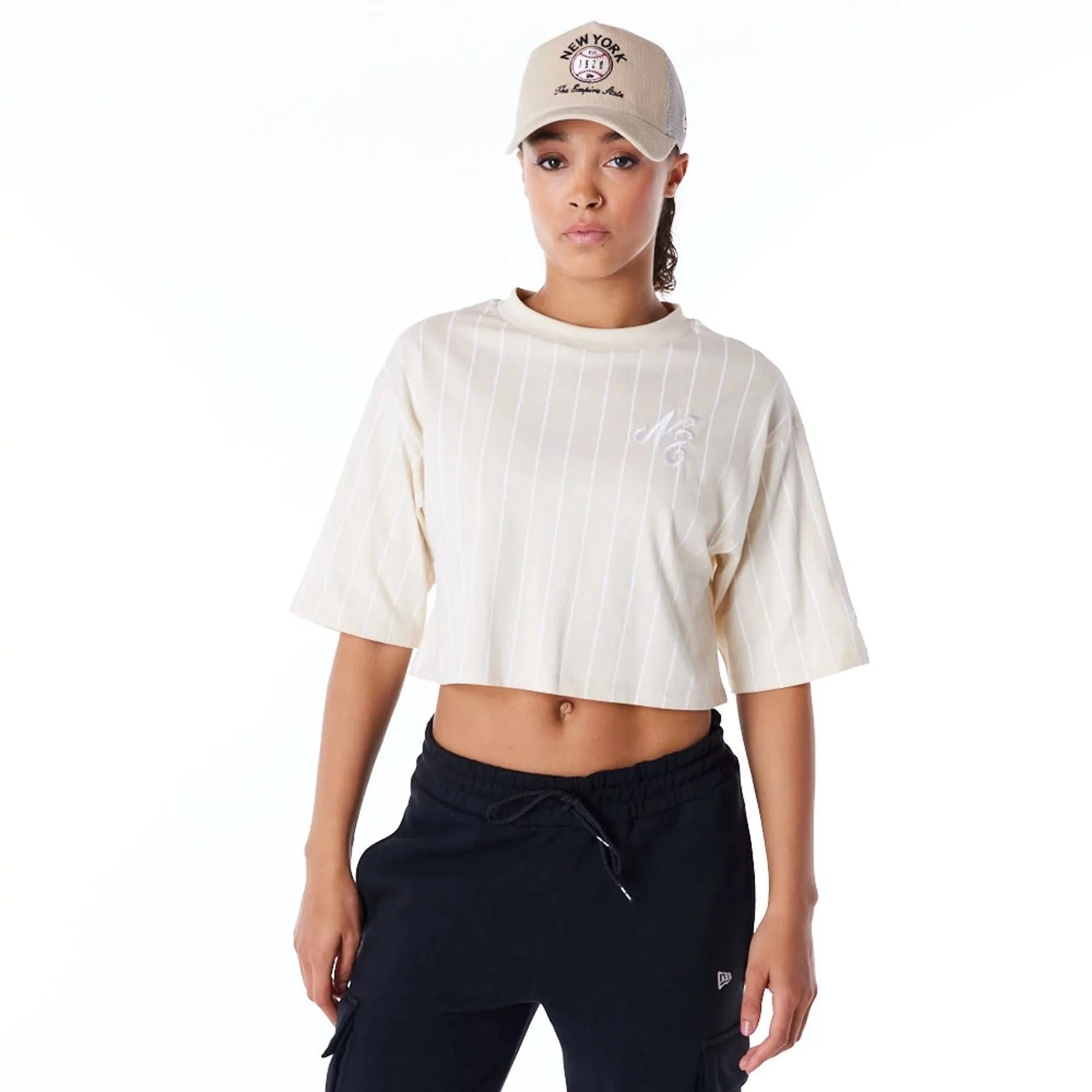crew neck Daily Comfort Style New Era Womens Pinstripe Light Beige Crop T-Shirt