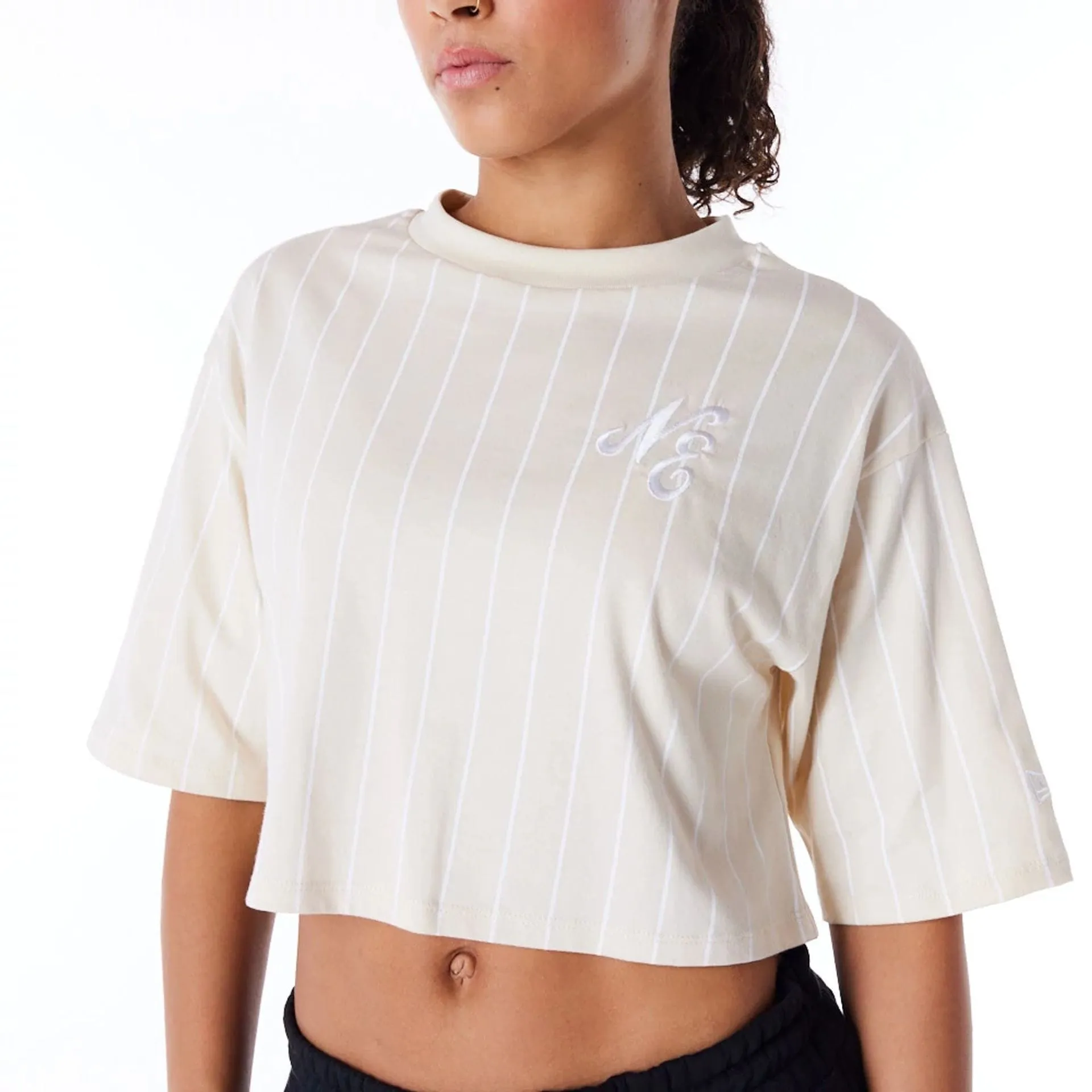 New Era Womens Pinstripe Light Beige Crop T-Shirt Athletic Fit