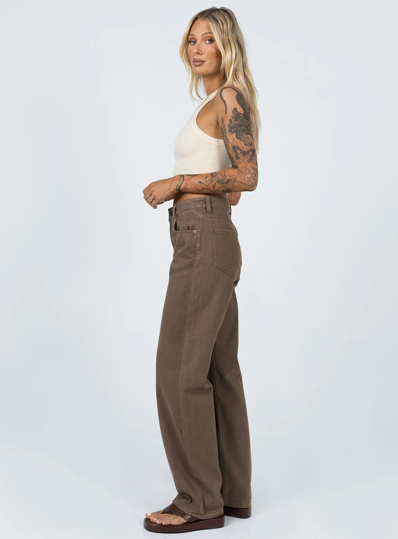 Motel Parallel Jeans Rich Brown Distressed Detailing