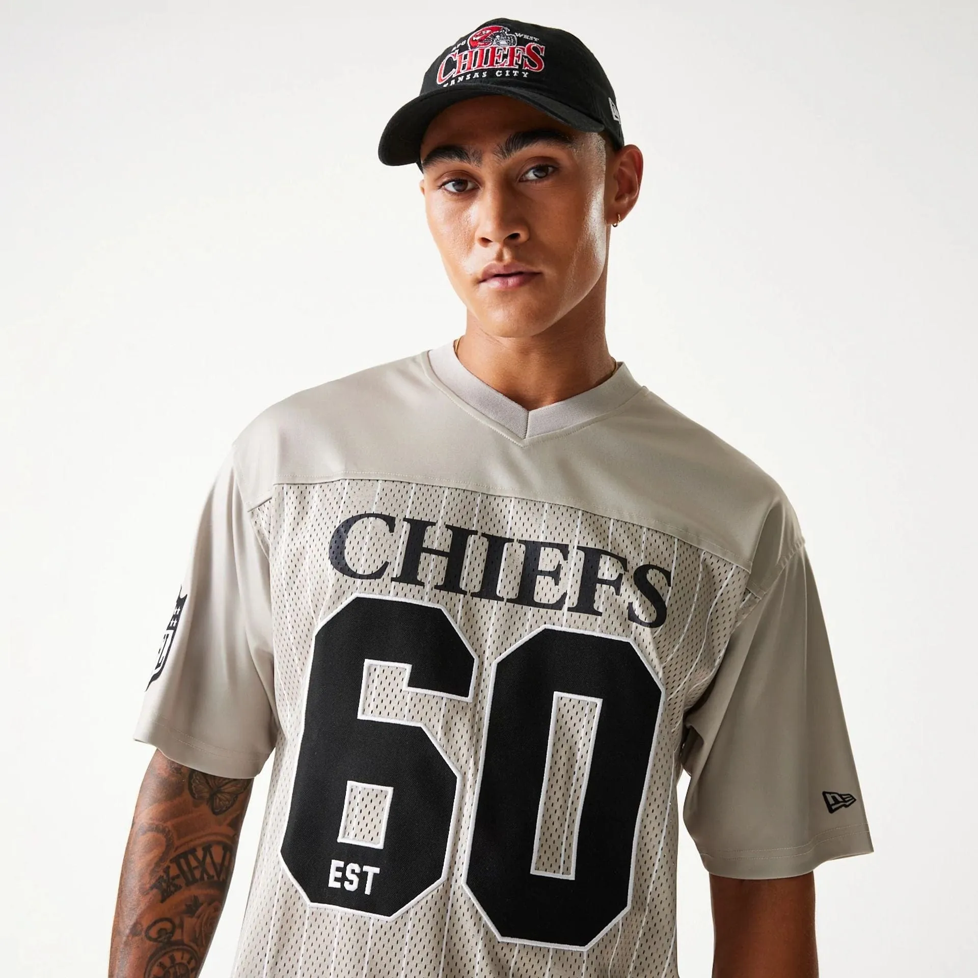 Kansas City Chiefs NFL Pinstripe Cream Mesh Jersey Relaxed Design Active Style