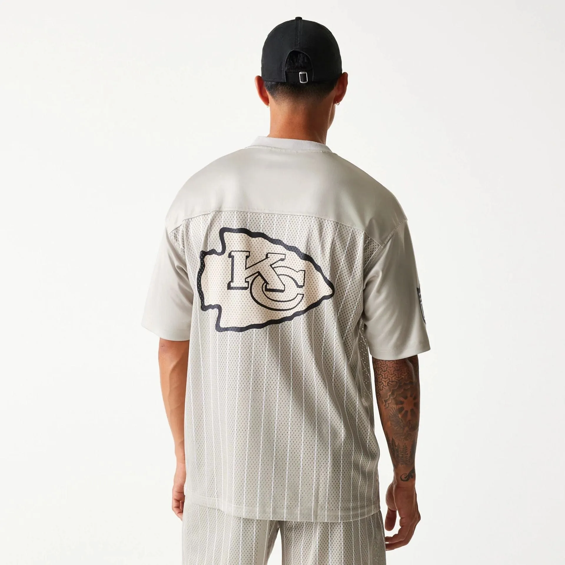 Kansas City Chiefs NFL Pinstripe Cream Mesh Jersey Stretch Fit Casual Vibes