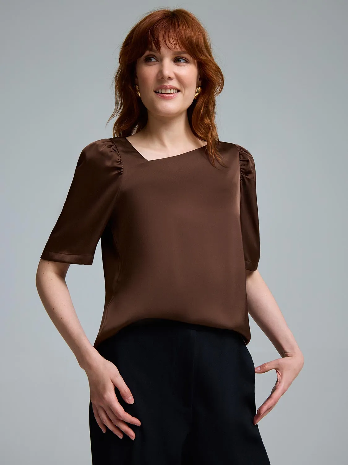 Asymmetrical Neckline Satin Blouse FlexibleFit
