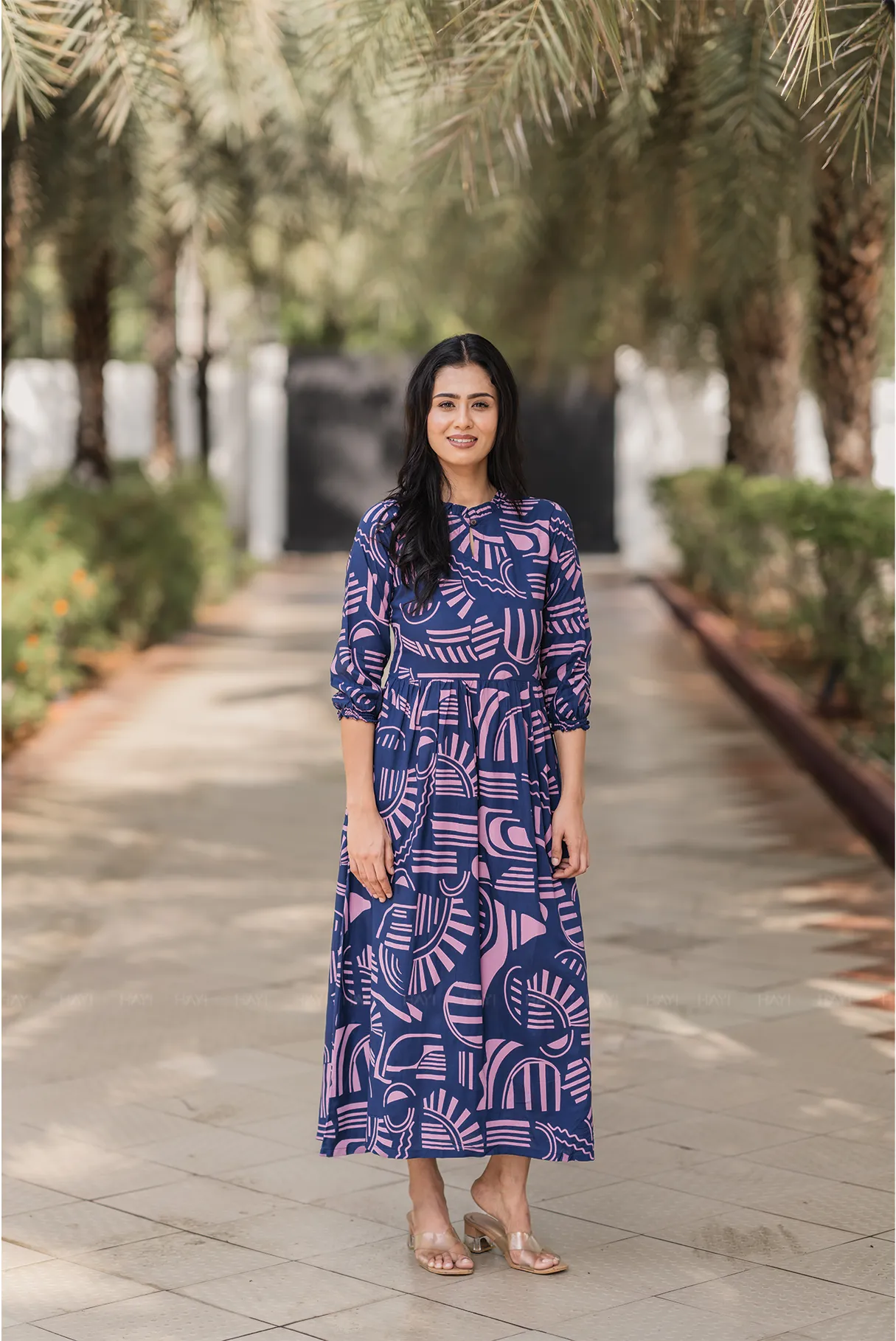 Geometric Whispers Blue Viscose Dress with Keyhole Basic Warm