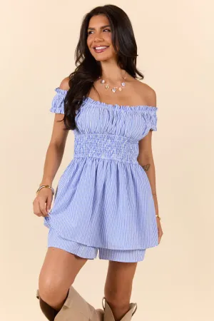 british retro quick dry Good Things Take Time Blue Stripe Smocked Romper SALE