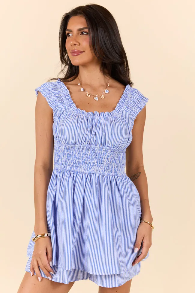 Good Things Take Time Blue Stripe Smocked Romper SALE Sun shield