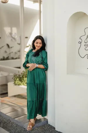 Smooth Outline Light Shape Green Floral Whimsy Green Viscose Dress with Shoulder Elastic & Embroidery