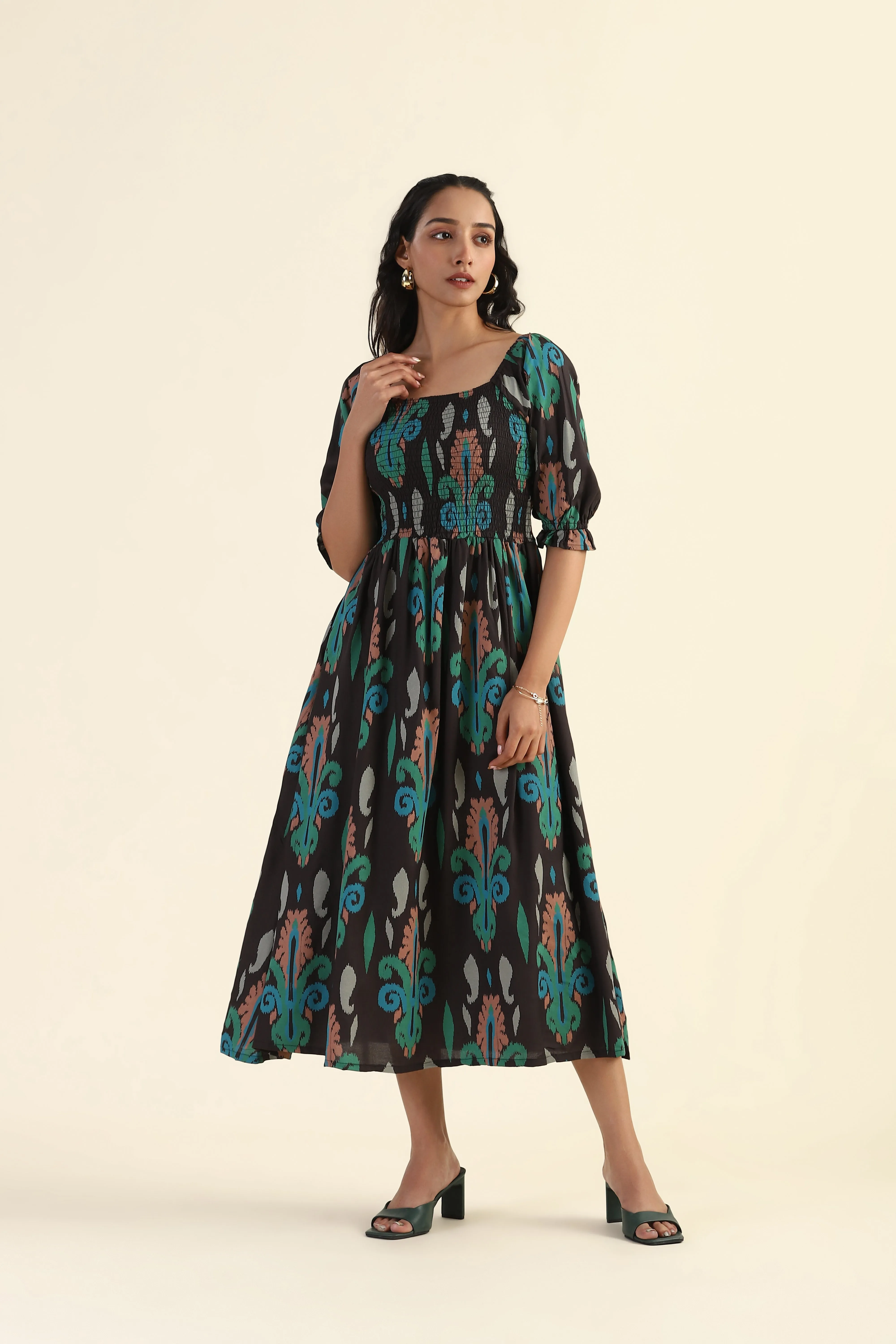 Layering Fit Green Smock Ikat Mirage Printed Viscose Dress
