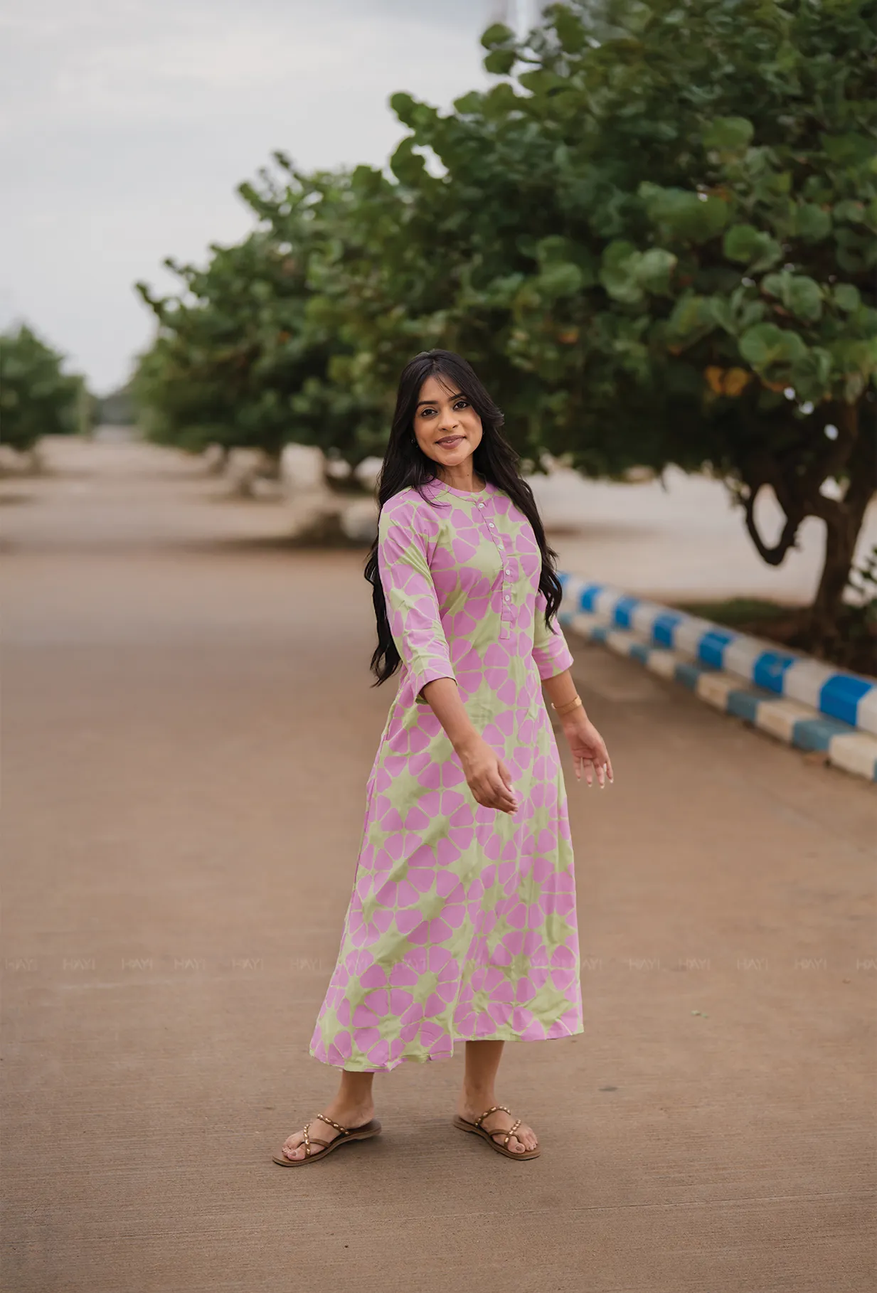 Charming Design Light Green with Retro Bloom floral printed Viscose Dress