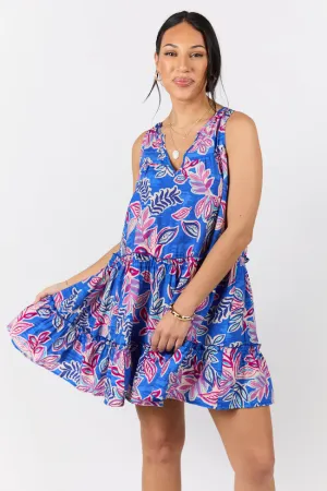 Hanging Loose Blue Multi Floral Print Tank Shirt Dress SALE Dry-Clean-Only