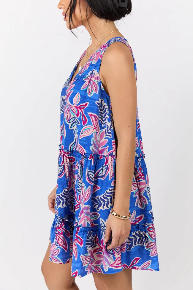 Satin-Sleeve Trendy Cut Hanging Loose Blue Multi Floral Print Tank Shirt Dress SALE