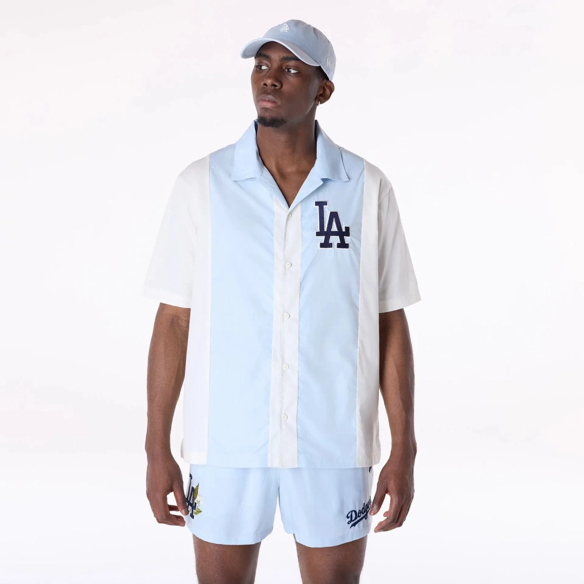 Durable Knitwear LA Dodgers Stripe Revere Open White Short Sleeve Shirt