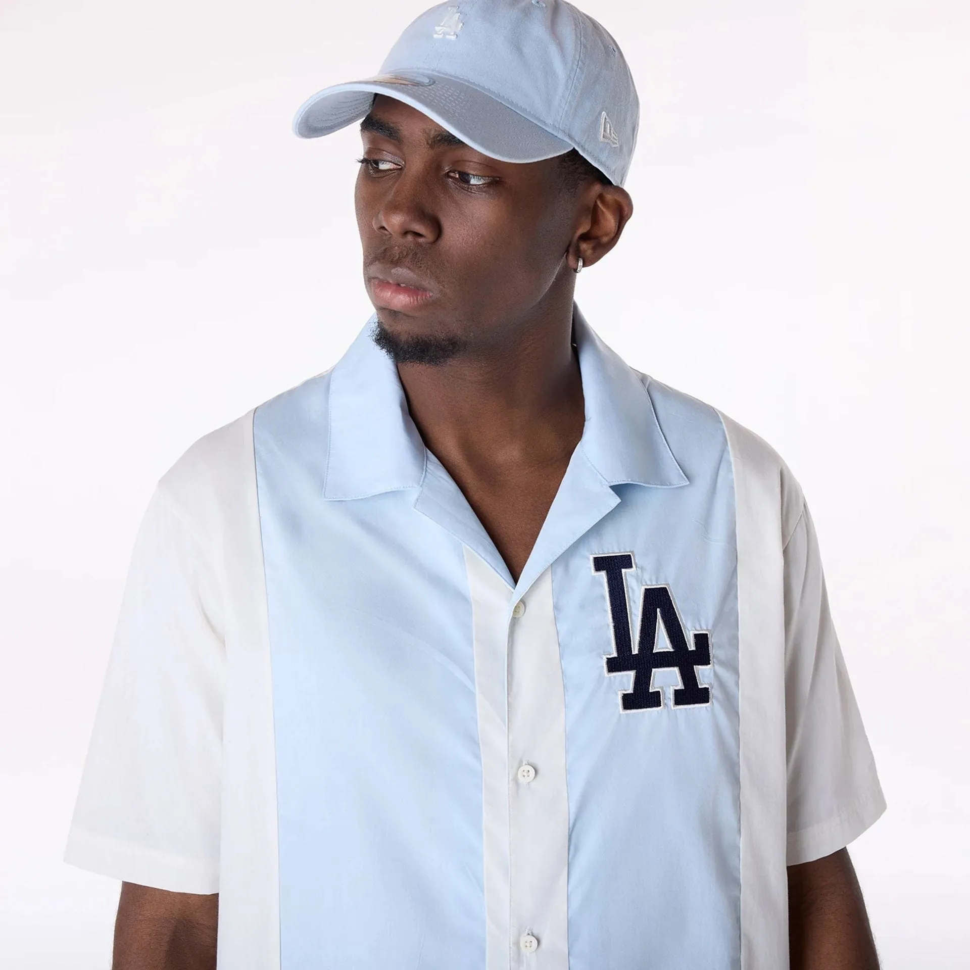 LA Dodgers Stripe Revere Open White Short Sleeve Shirt Cozy Look Wear Relaxed Wearable