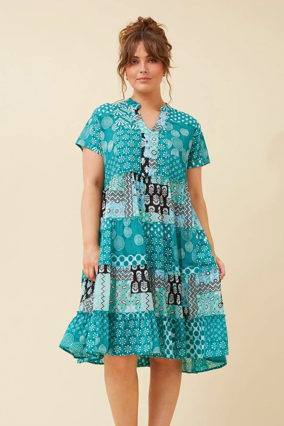 SOMYA PATCHWORK PRINT DRESS slim fit Happy Glow