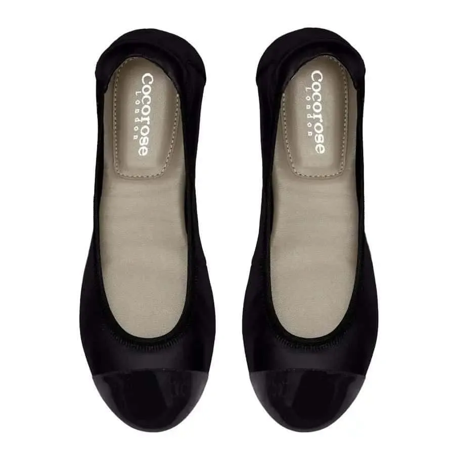 Harrow - Black Leather Ballet Flats with Black Toe Cap City Friendly Lace Up Style