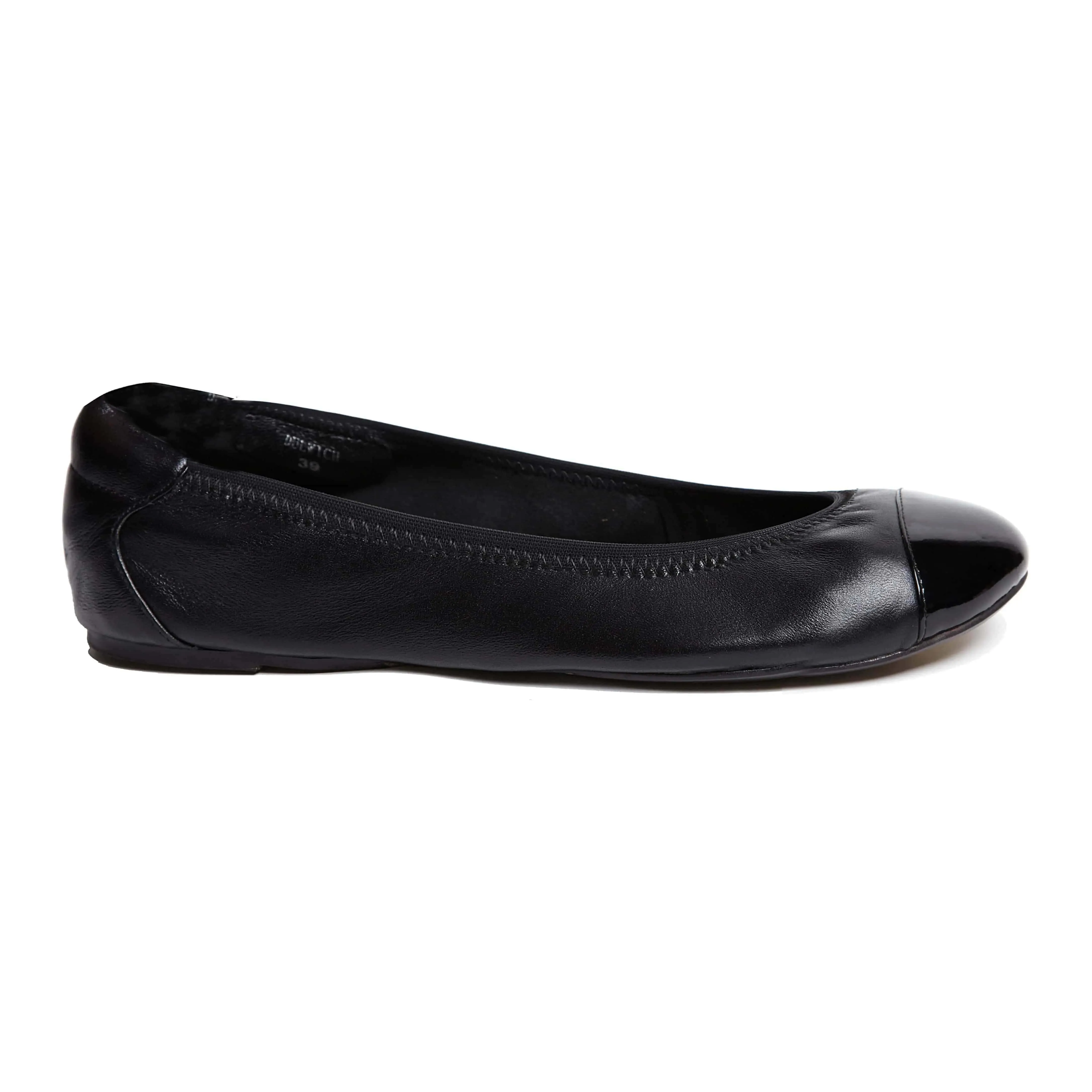 Harrow - Black Leather Ballet Flats with Black Toe Cap Quick Fit Durability