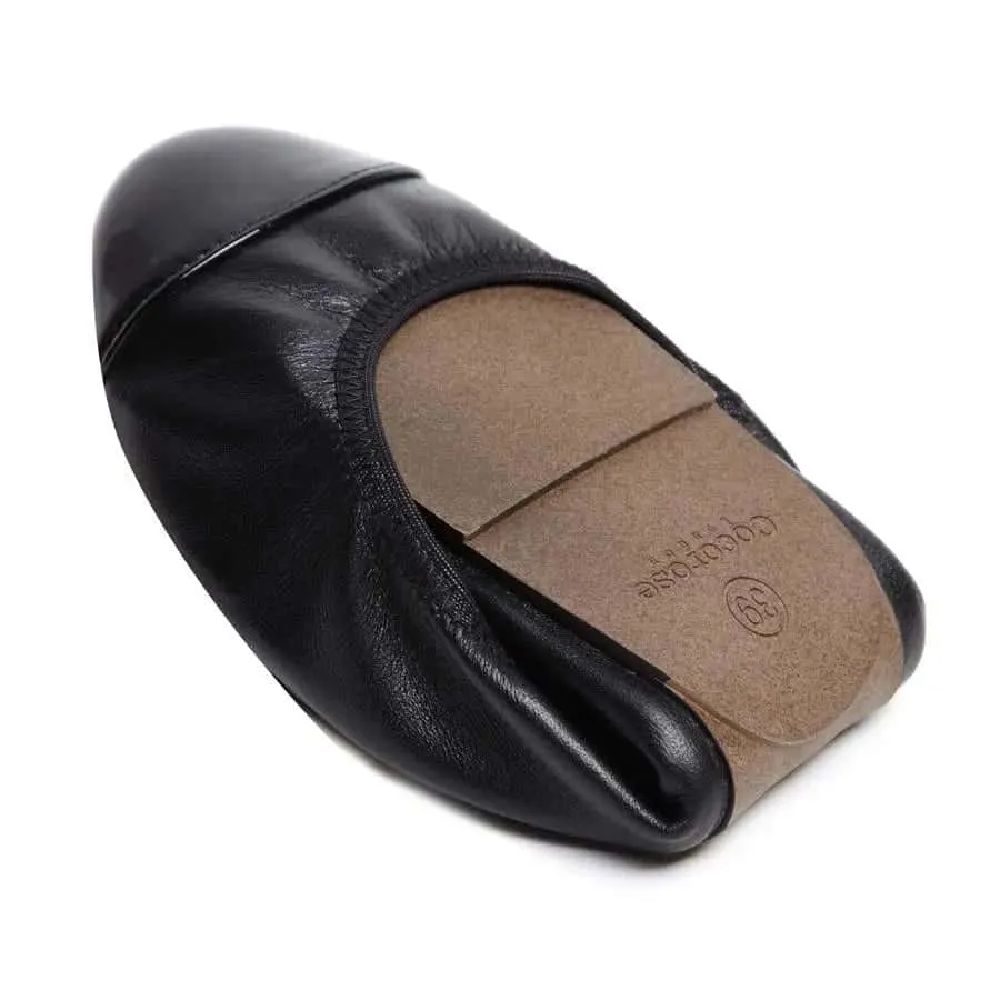 Cool Days Flexible Materials Harrow - Black Leather Ballet Flats with Black Toe Cap