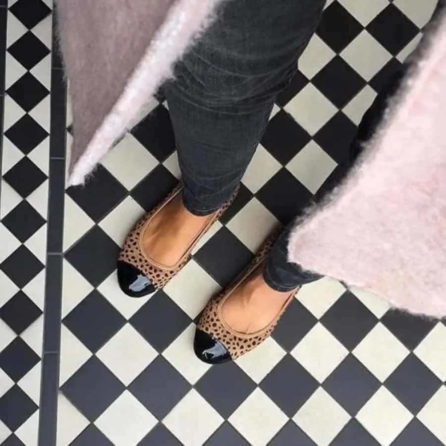 Harrow - Leopard Pony Hair with Black Cap Ballerinas Form Fit