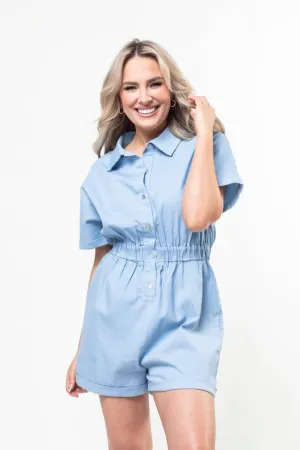 Walk With Me Blue Solid Chambray Romper FINAL SALE Body Free
