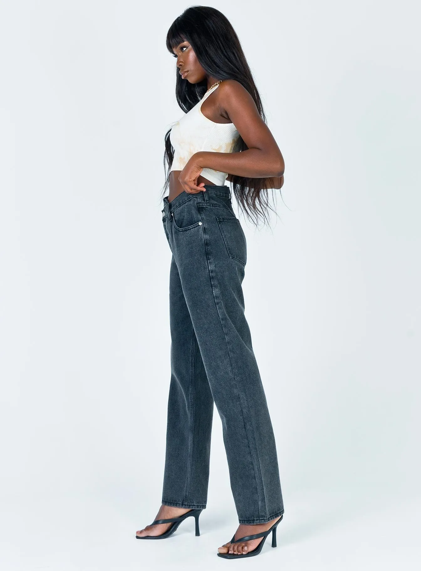 Holly Asymmetric Straight Leg Jean Black Denim Holiday Vibes Date Night Lightweight