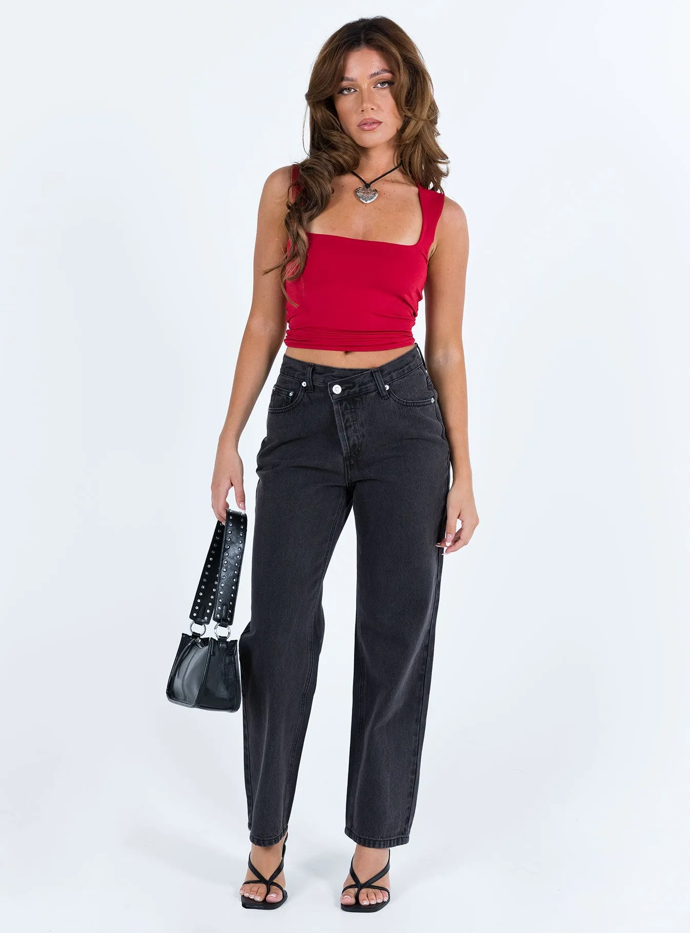 Holly Asymmetric Straight Leg Jean Black Denim Petite Utility Basic