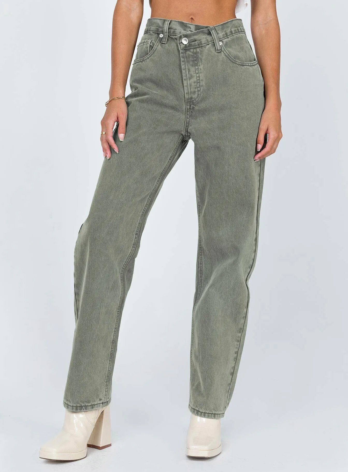Moisture Wicking Inner Layer Essential Piece Holly Asymmetric Straight Leg Jean Green Denim
