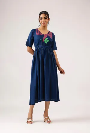 Vibrant Hue Clean Lines Dark Navy with Breeze 'o' Feathers printed Viscose Dress