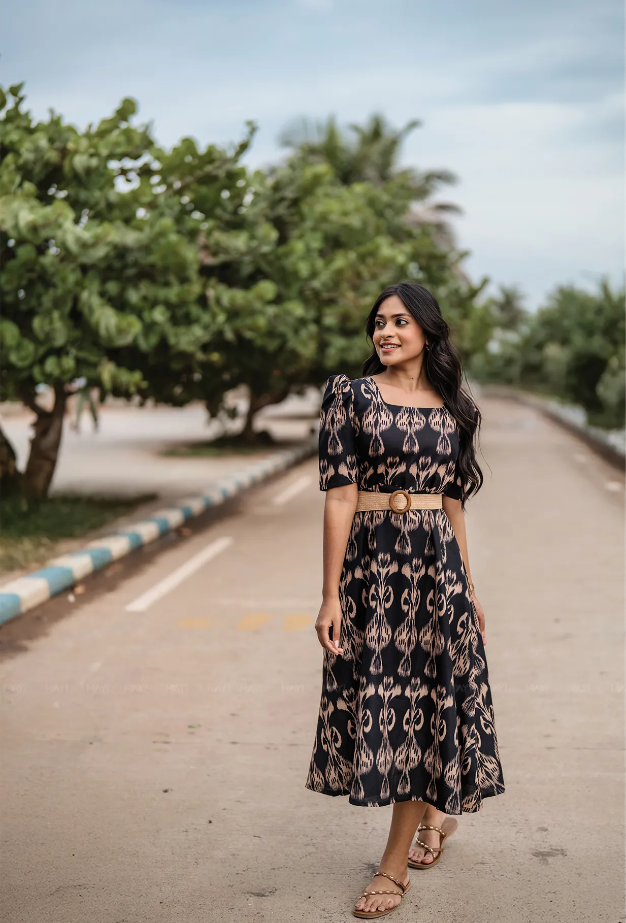 Horizon Black with Dark Desire printed Linen Blend Dress Petal Zone