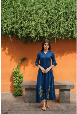 Satin Finish Sleek Movement Indigo Heron with green printed Viscose Dress