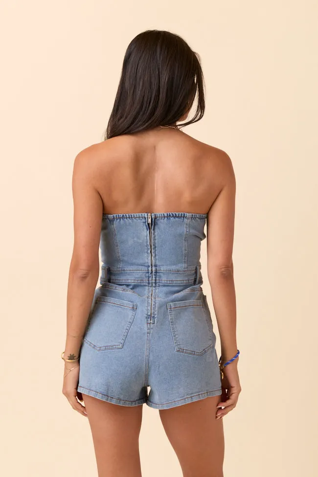 Jayla Strapless Denim Romper SALE Stretchable Fabric Flexible Hemline