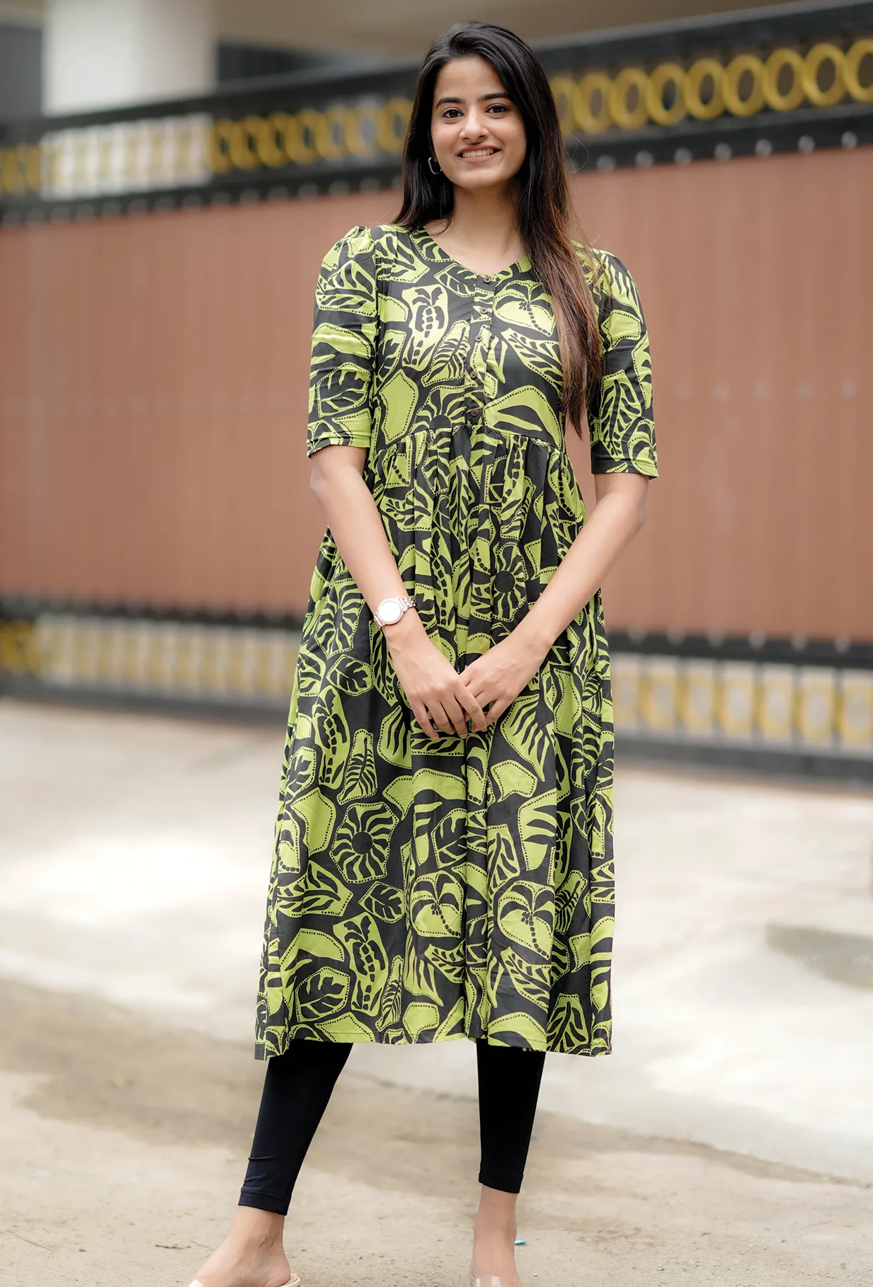 Jungle Eclipse Green Printed Viscose Maternity and Feeding dress Smart and Sleek