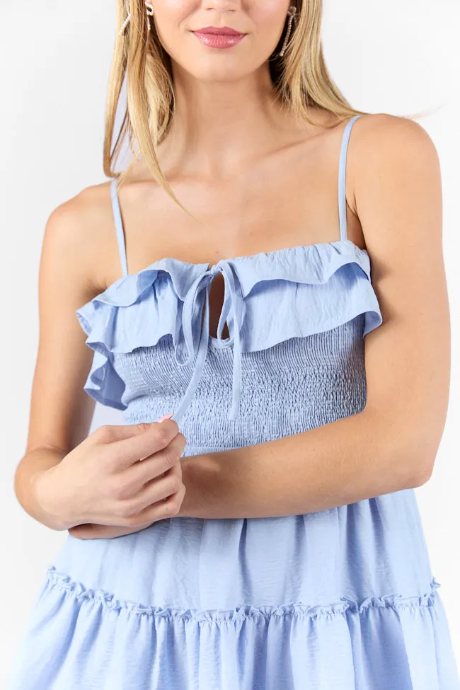 Trendy Everyday Work Pairing Keep My Promises Light Blue Smocked & Ruffle Detail Dress SALE