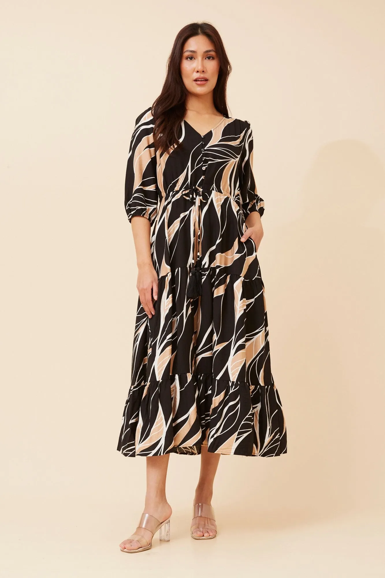KYLENE ABSTRACT PRINT MIDI DRESS Work-to-Play Wear Curve-Enhancing