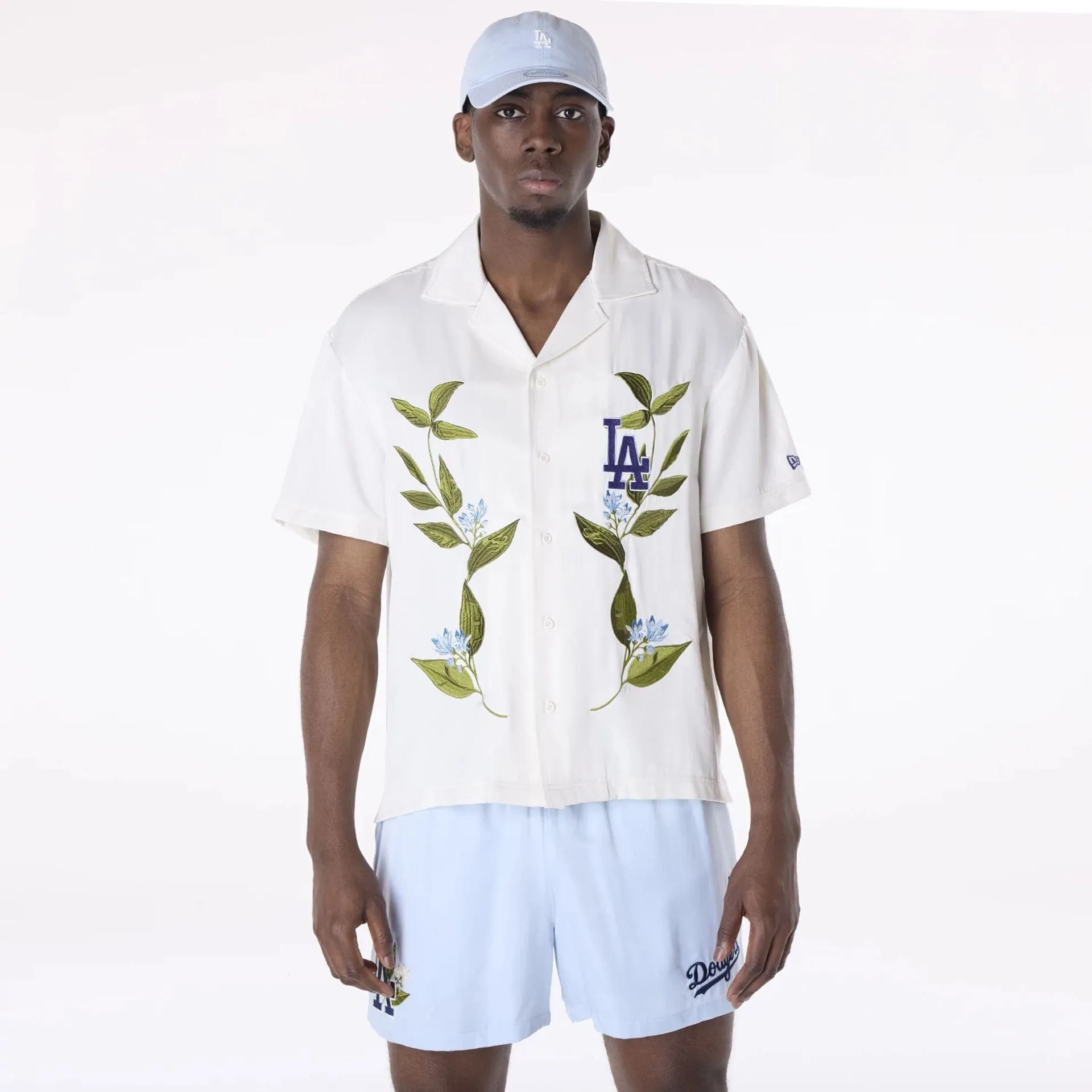 LA Dodgers Floral Revere Open White Short Sleeve Shirt Flexible Ribbed Cuffs Casual Comfort