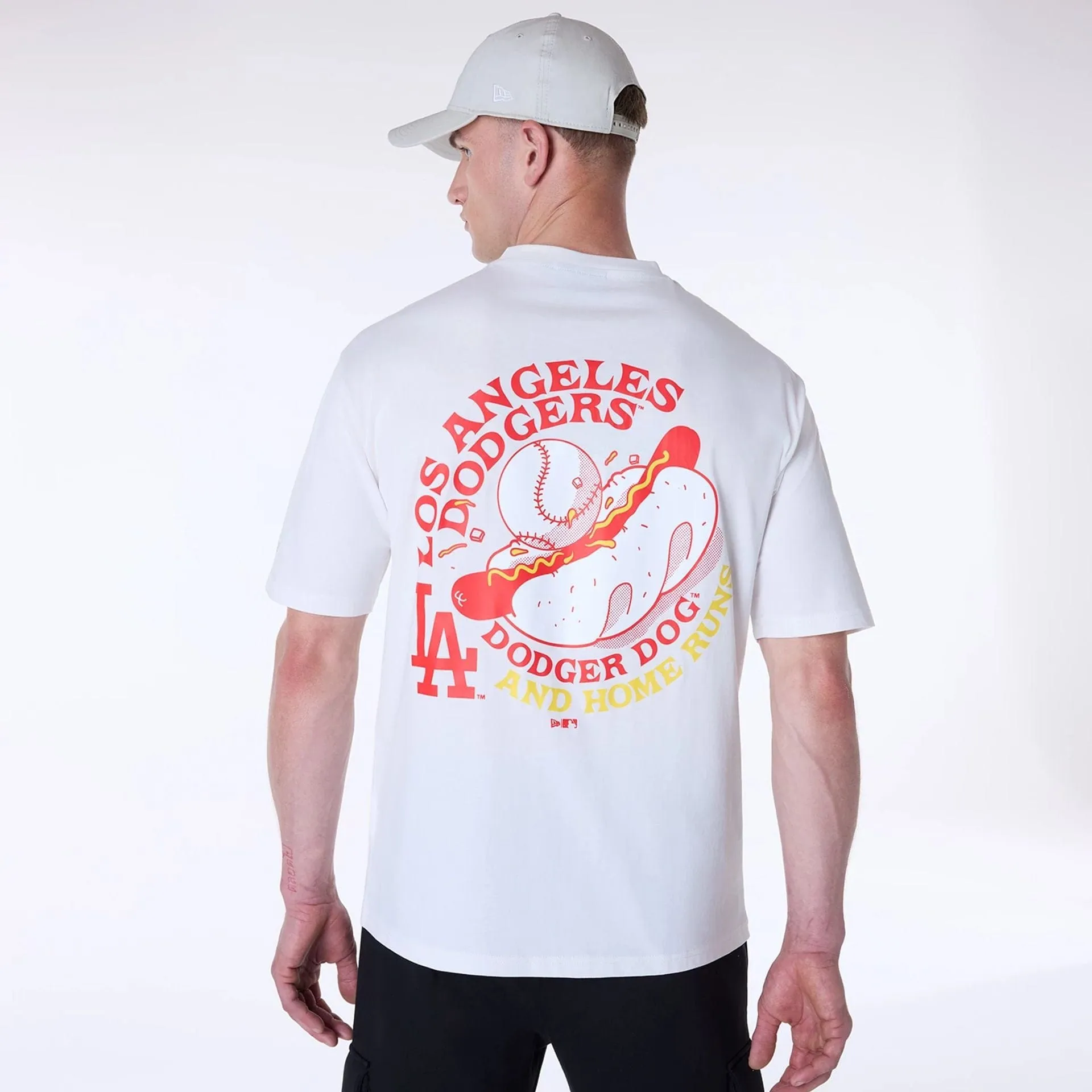 Relaxed and Comfy Stylish Design LA Dodgers MLB Food Graphic Open White Oversized T-Shirt