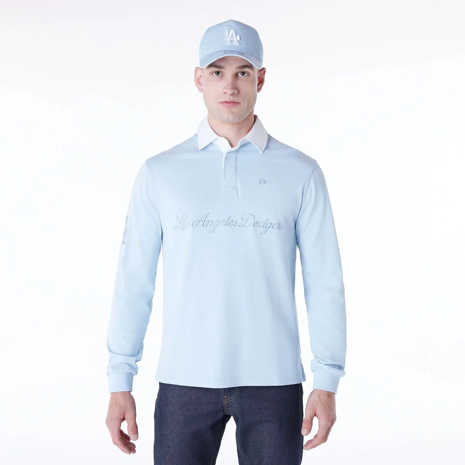 Trendy Comfort Cool Design LA Dodgers MLB Script Pastel Blue Long Sleeve Polo