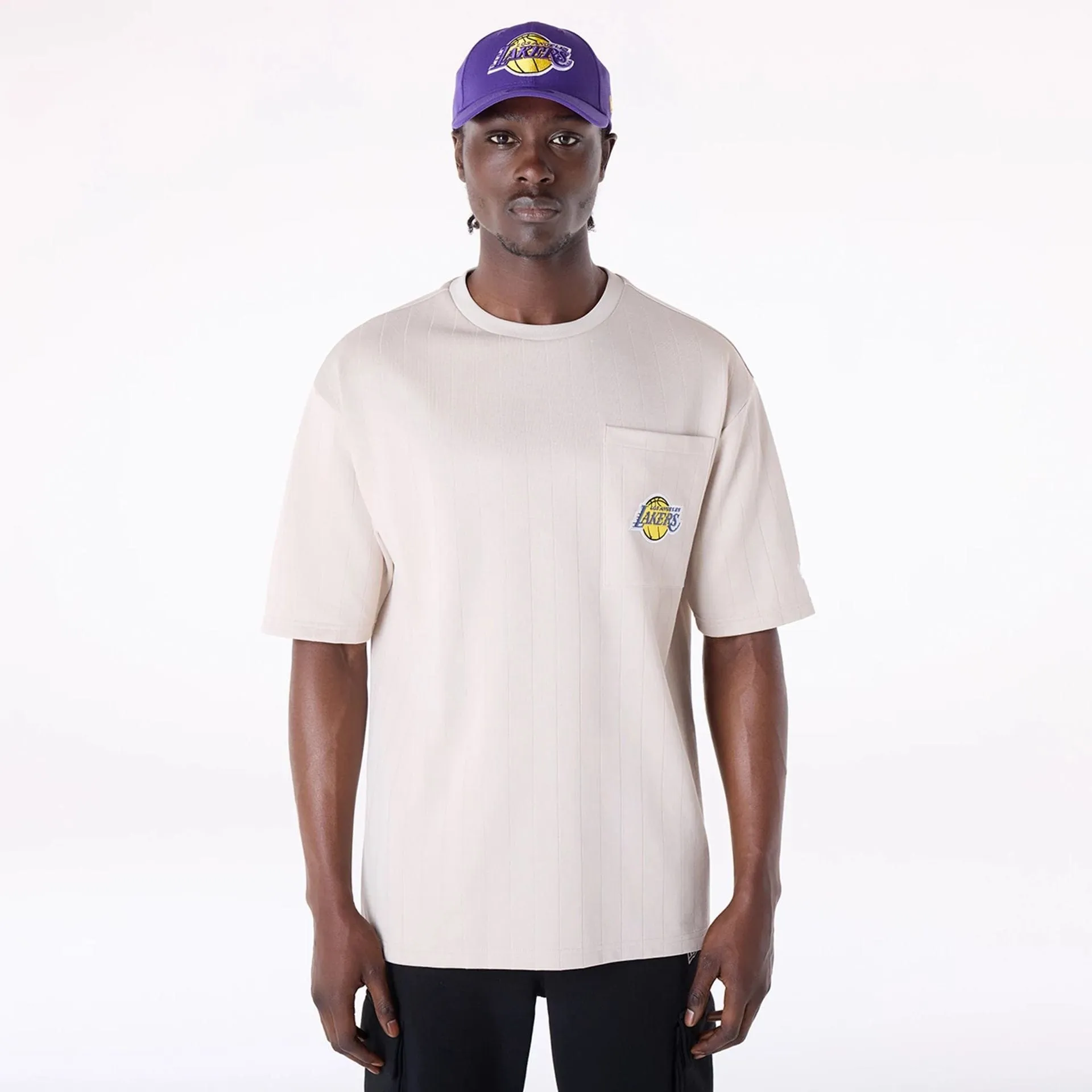 LA Lakers NBA Pinstripe Cream Oversized T-Shirt Drip Dry Fabric Sophisticated Casual