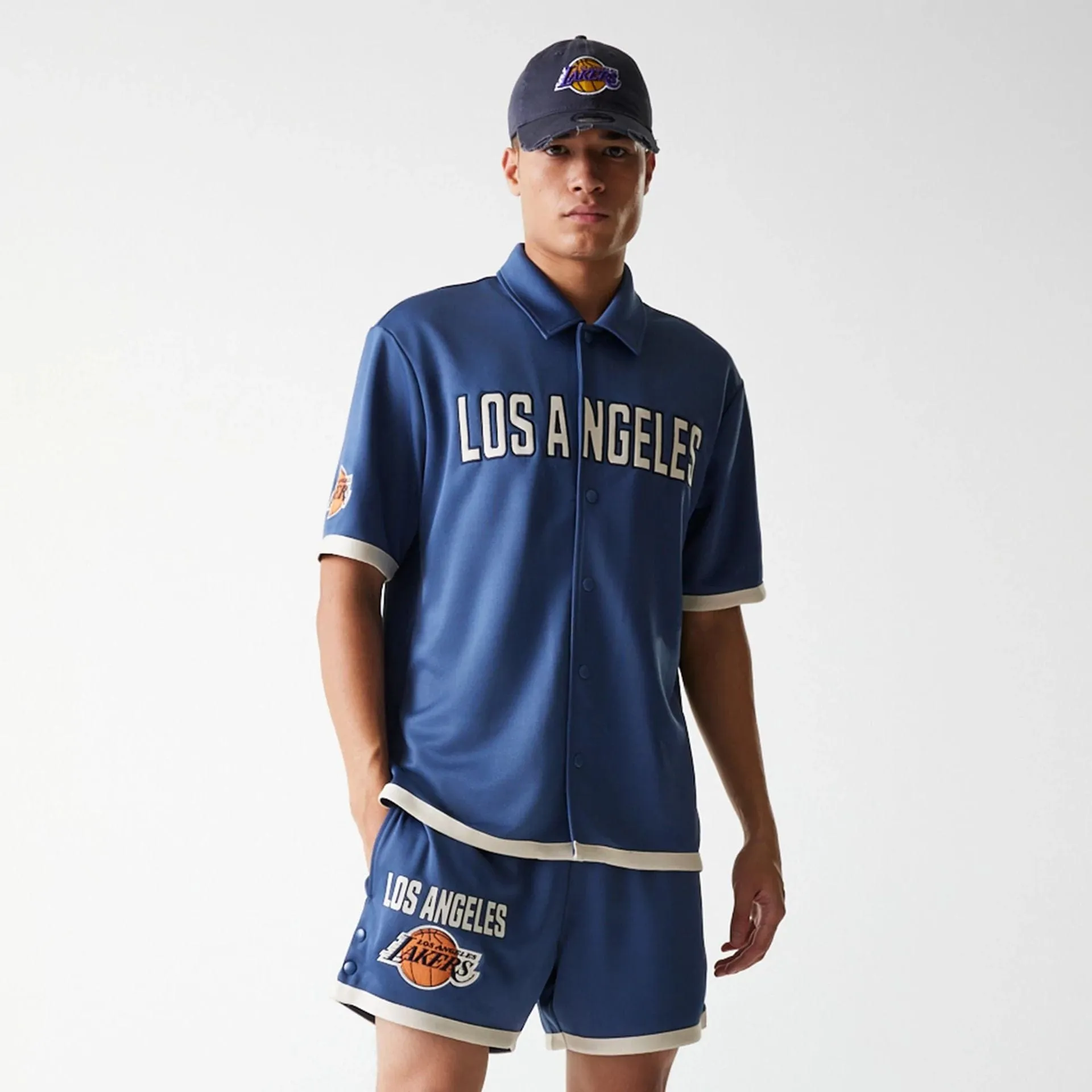 LA Lakers NBA Snap Button Dark Blue Short Sleeve Shirt Sporty Design