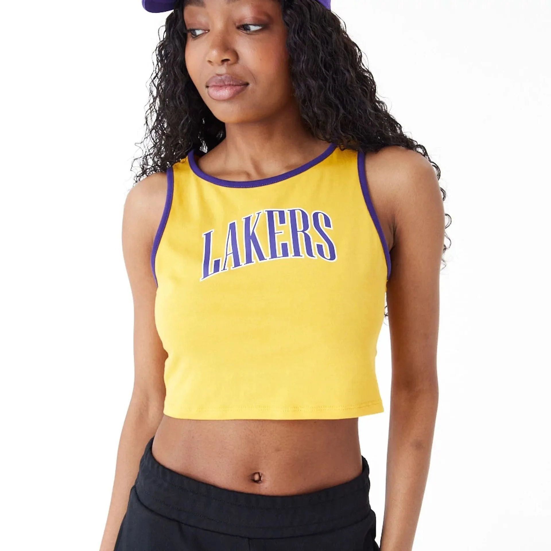Seam Free Back LA Lakers Womens Womens NBA Team Wordmark Yellow Crop Tank Top