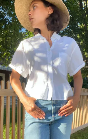 Cropped Button Front Short Sleeve Top MicroPerforatedTexture