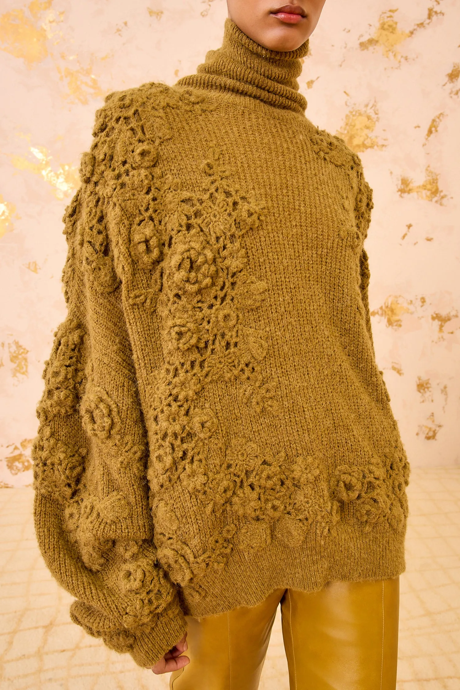 Winter Style Lelou Crochet Knit Turtleneck - Pine