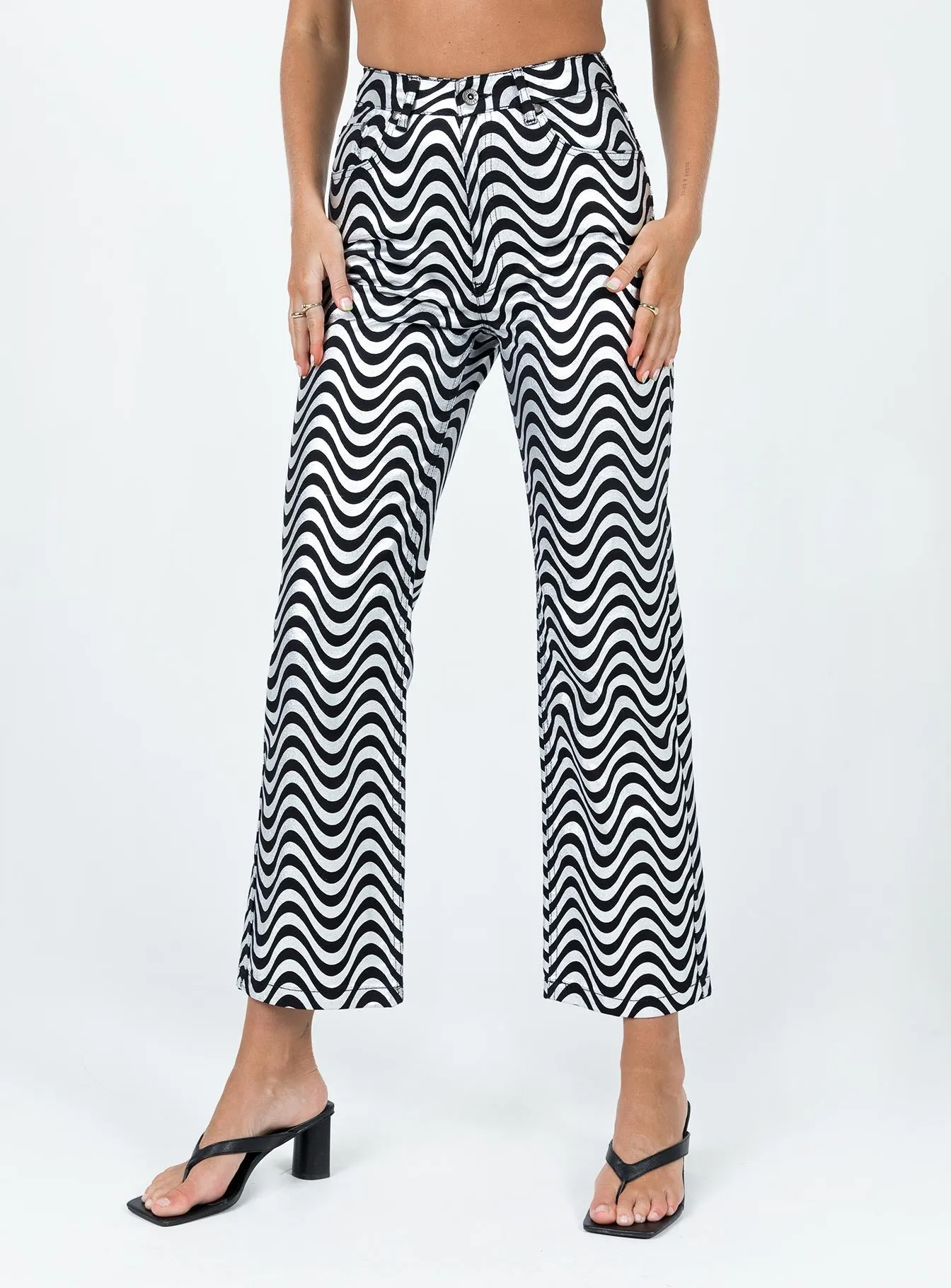 The Ragged Priest High Rise Straight Leg Wave Jeans Glitter Denim Silver / Black Relaxed Style Bold