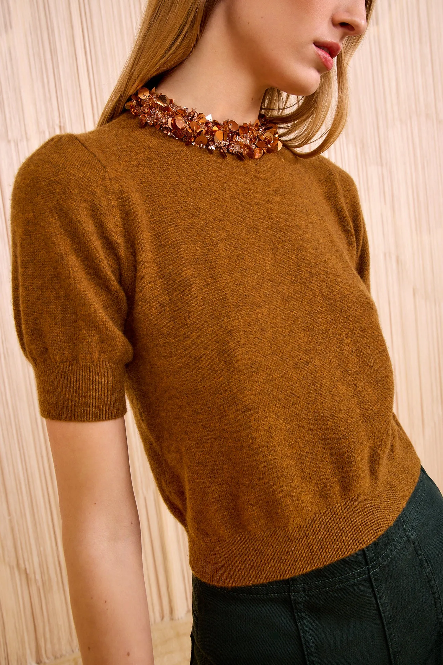 Cozy Wrap Liv Embroidered Cashmere Short Sleeve Knit - Umber