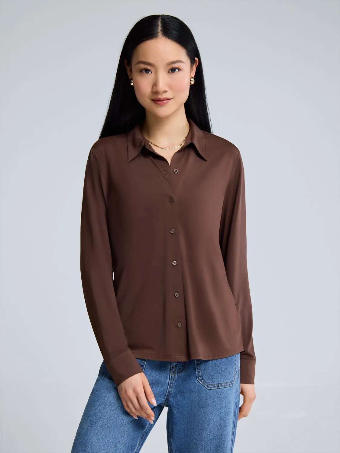 Long Sleeve Button-Up Blouse Elastic cuffs Sporty Gear