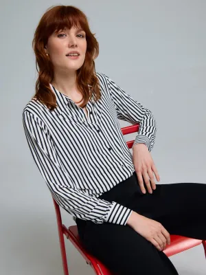 Airflow Mesh Panels Striped Long Sleeve Button-Up Blouse