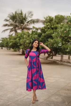 Majestic Blue with Royal Maze printed Viscose Dress Linen-Blend