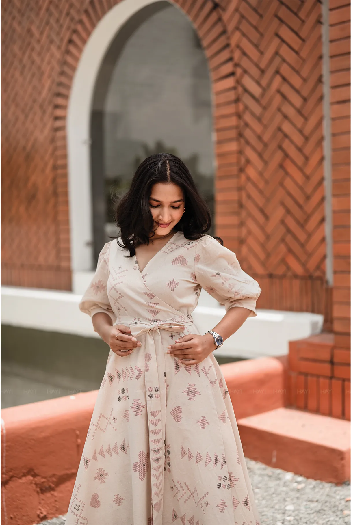 Puffy Poise Beige Cotton Blend Wrap Dress with V-Neckline & Puff Sleeves Flattering Silhouette Wear Fashion Option