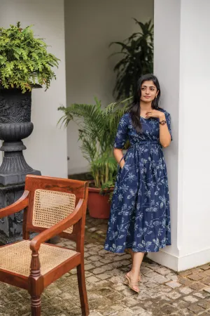 Floralia Blue Cotton Dress with V-Neck & Fabric Rope Detail Pure Color