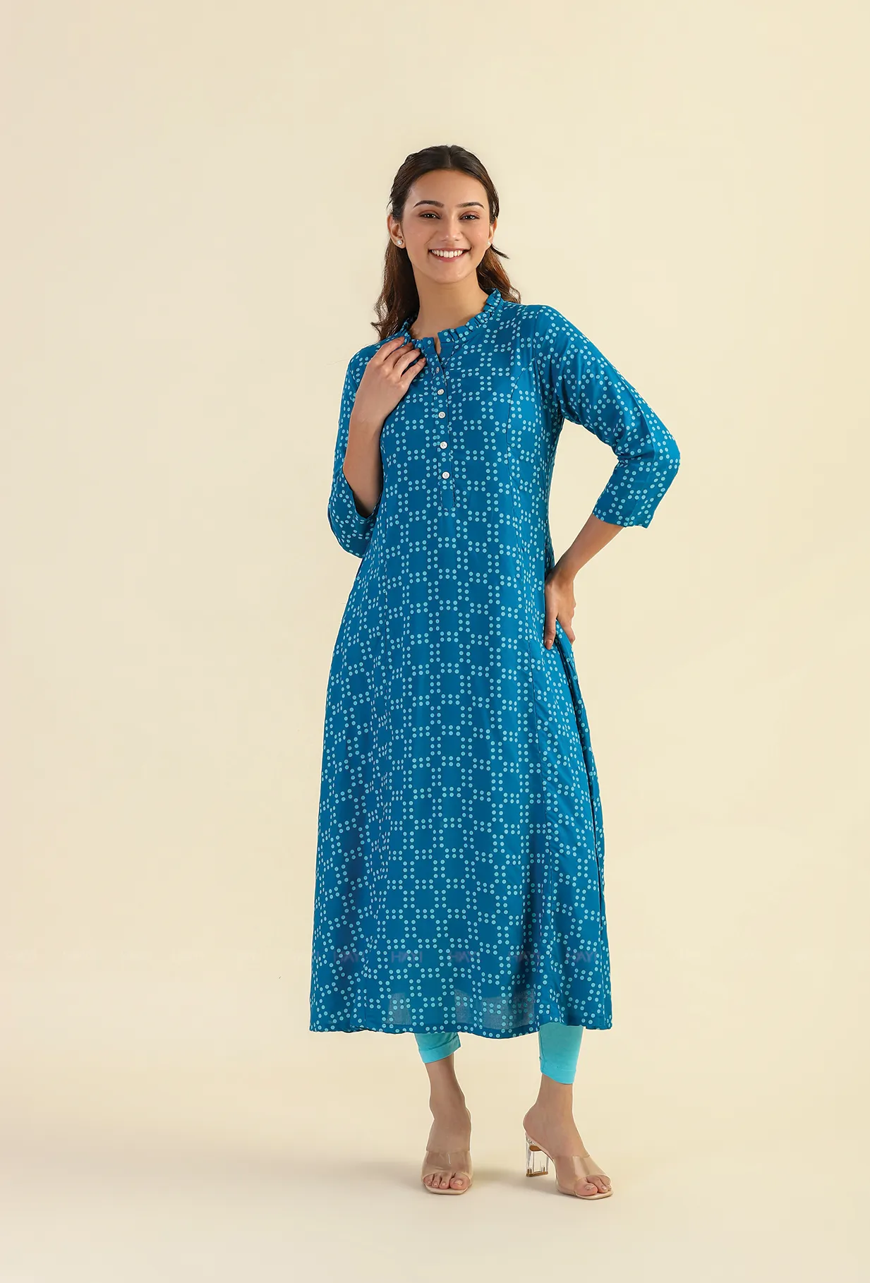 Teal Soft Horizon Viscose Printed A-line Dress Layering Comfort Clean Chic